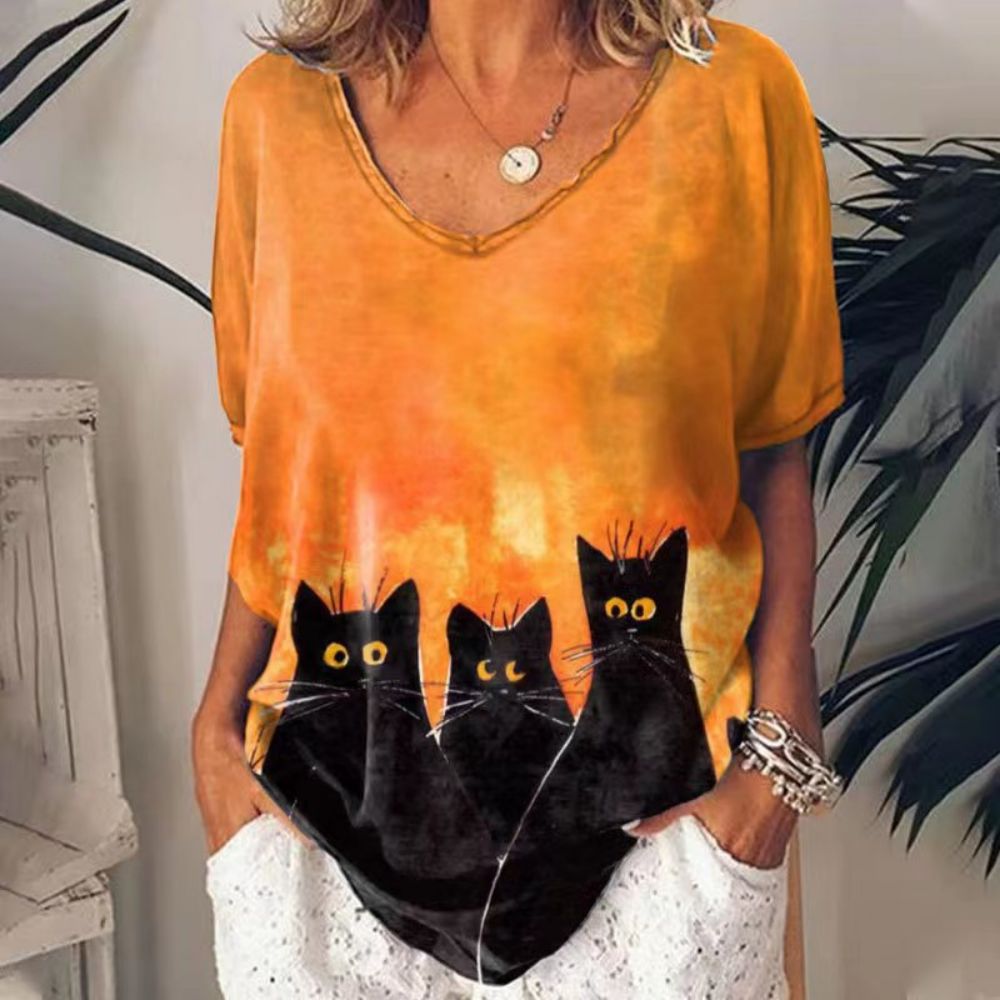 Retro catyle V-neck T-Shirt