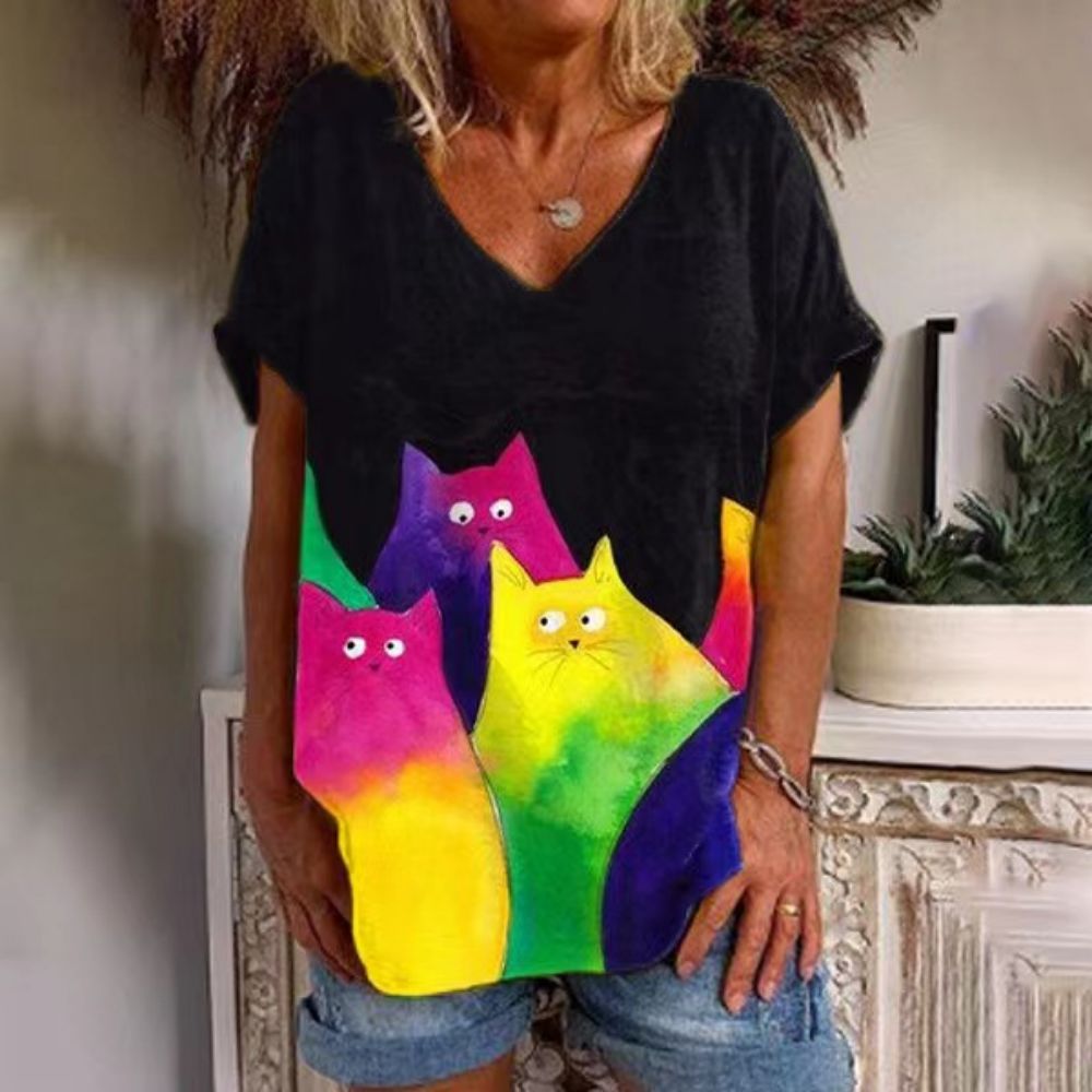 Retro catyle V-neck T-Shirt